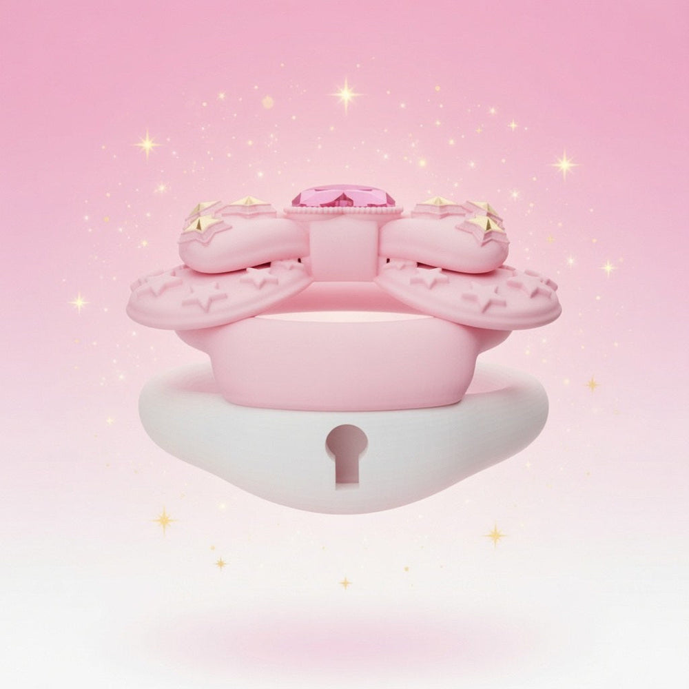 Back view of pink bow silicone chastity cage with mini lock opening