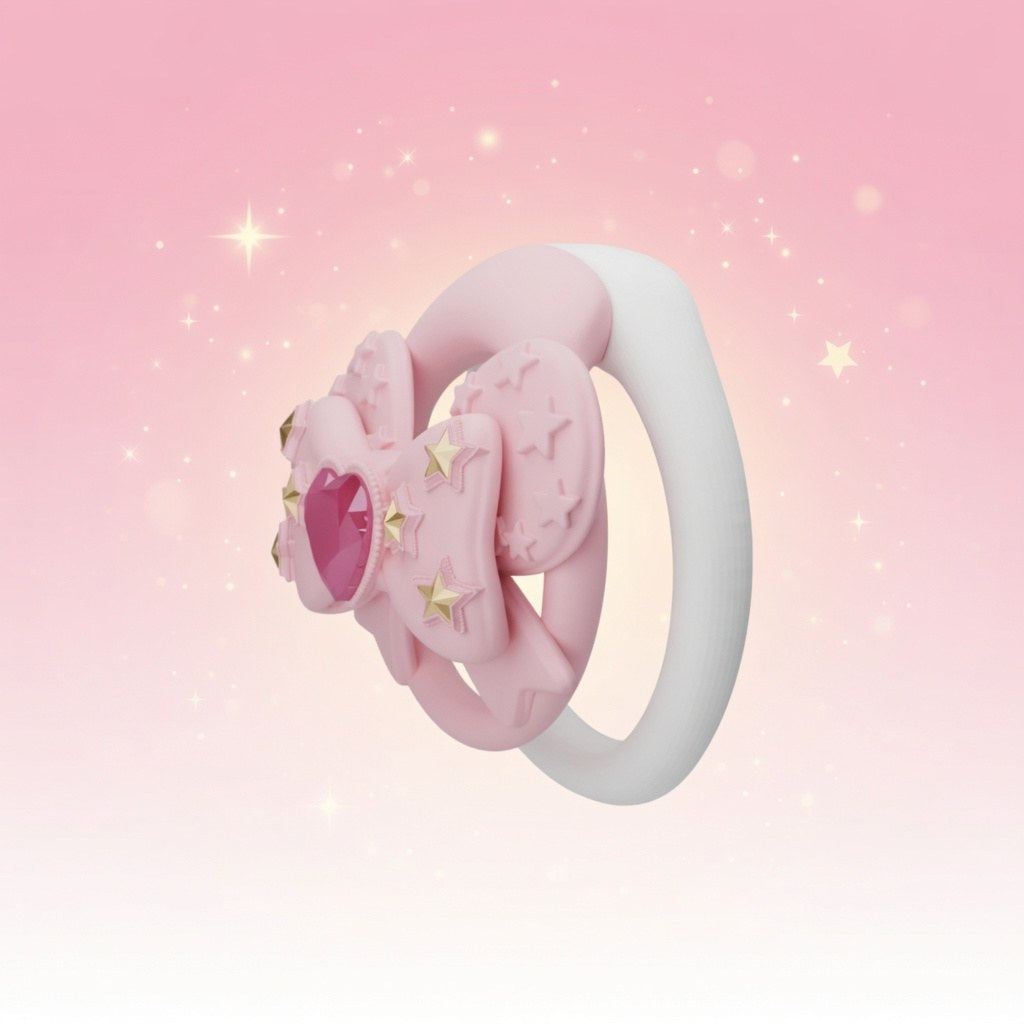 Side view of pink bow silicone chastity cage and white base ring