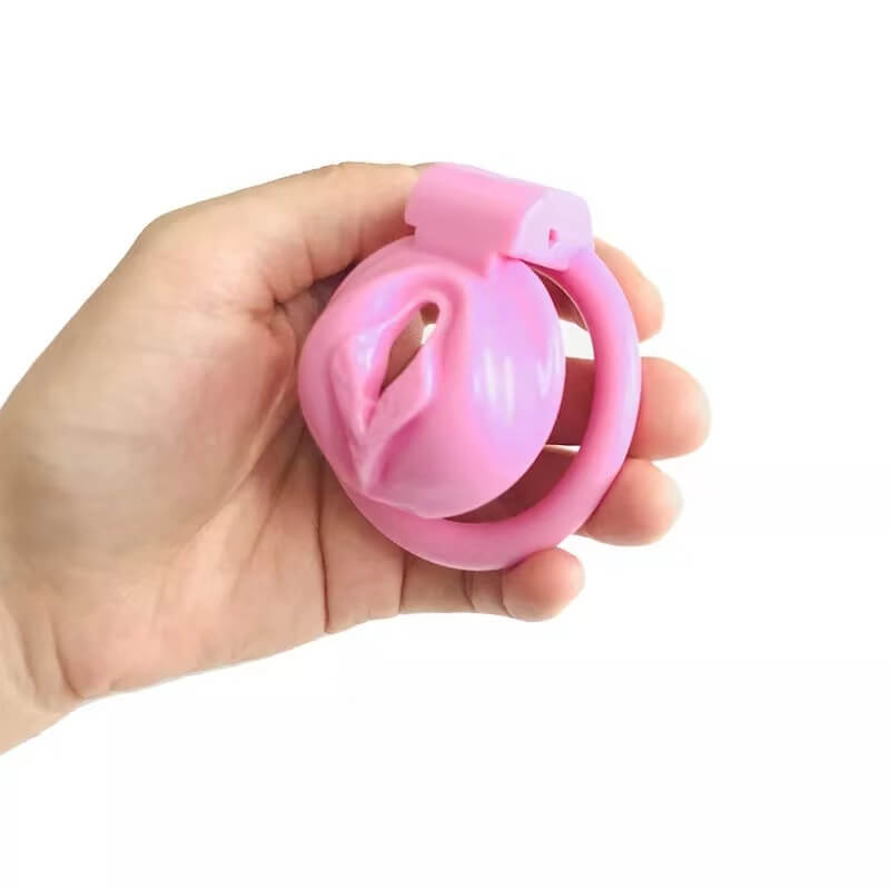 Pussy Shaped Pink Chastity Cage With 4 Rings