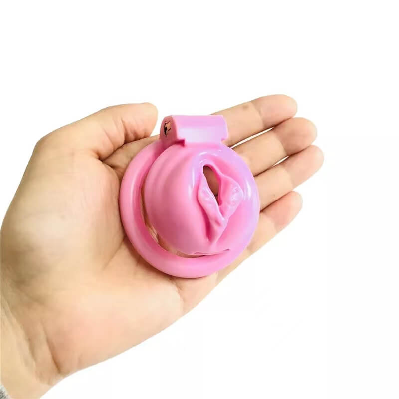 Pussy Shaped Pink Chastity Cage With 4 Rings
