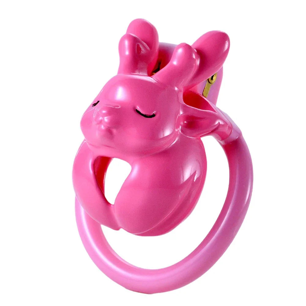 Pink sleeping-deer resin chastity cage with white base ring