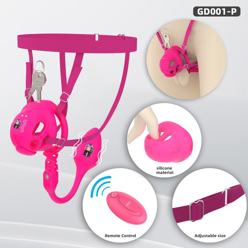 Pink GD001 electric silicone chastity cage with harness, plug and remote