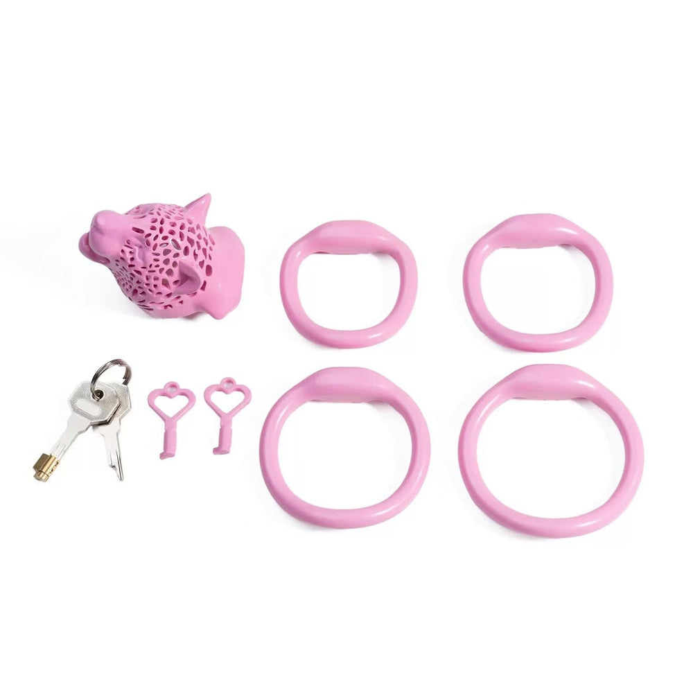 Pink Leopard Head cage package with four rings and keys