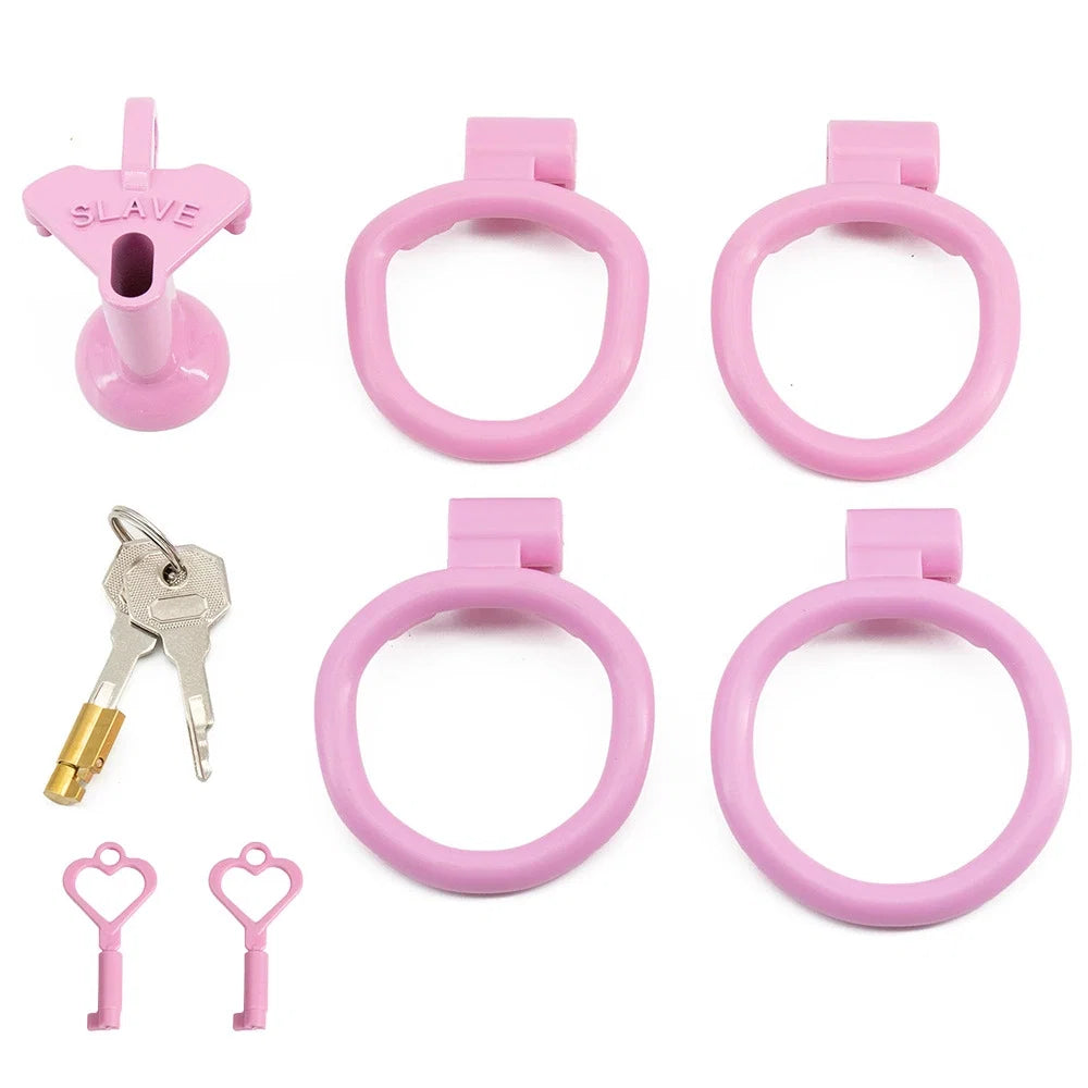 Pink low-profile cage with four rings and lock keys