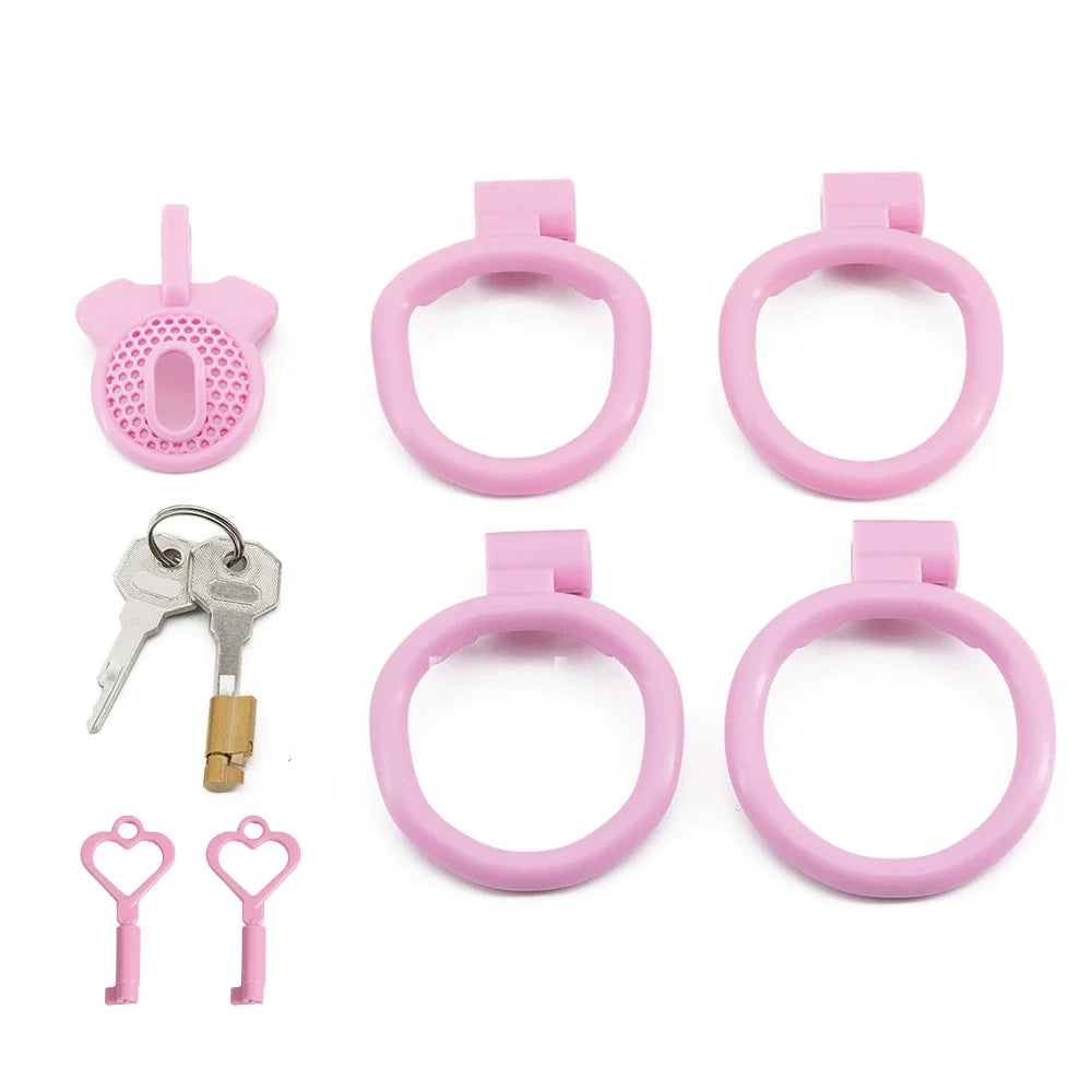 Pink mesh inverted cage with four rings and keys