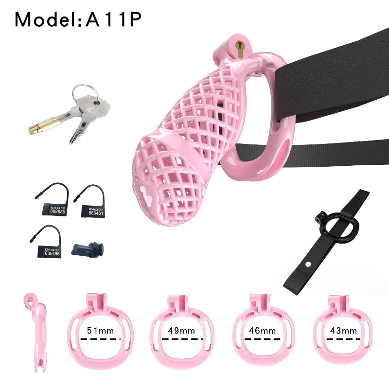 Pink A11 long mesh resin chastity cage