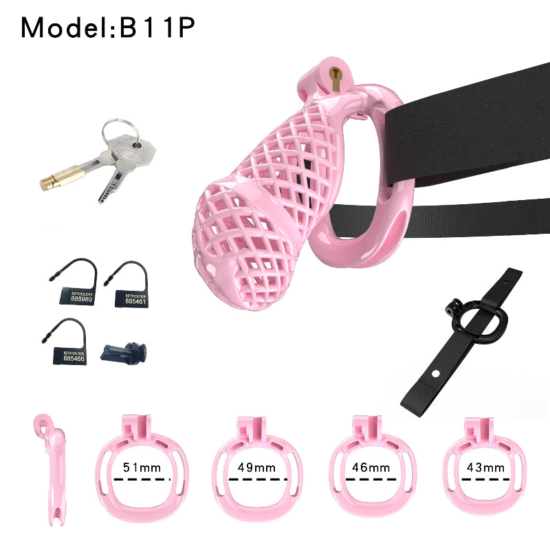 Pink B11 mesh resin chastity cage with rings, lock and strap