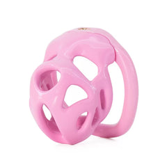 Pink openwork resin chastity cage front angle