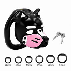 Pink-accent puppy-head chastity cage with ring set