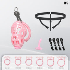 Pink R5 silicone cage with six rings, belt, lock and keys