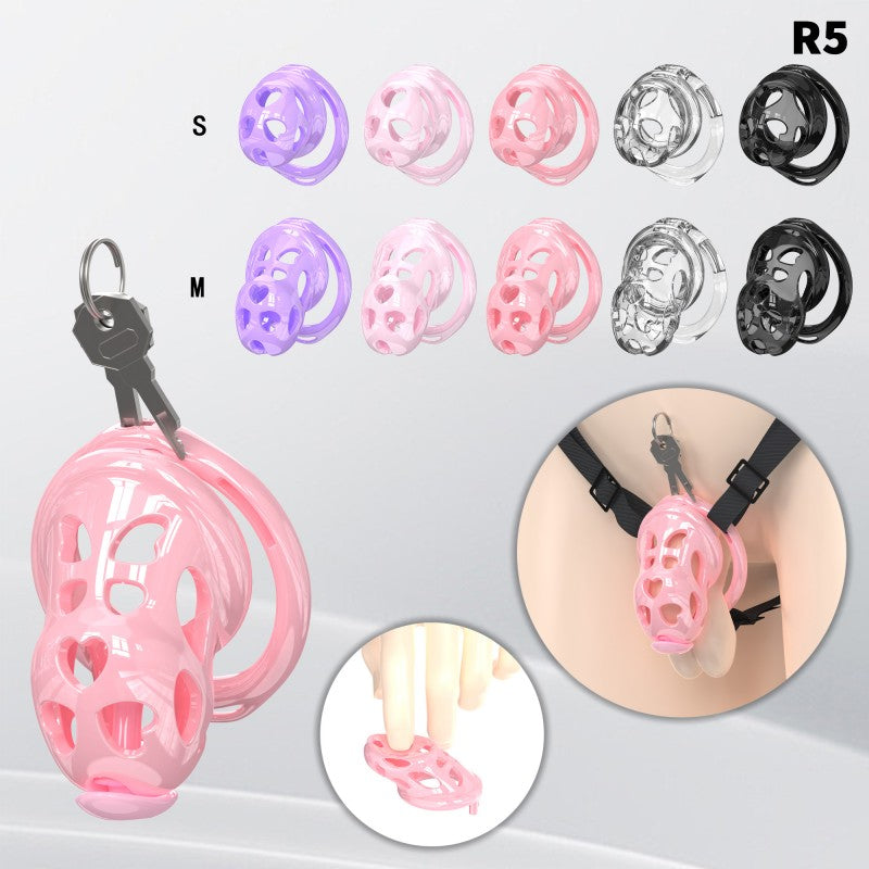 Pink R5 heart-shaped hollow silicone chastity cage with S and M options
