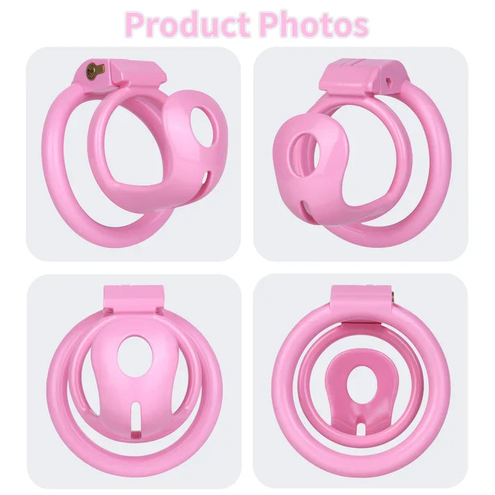 Pink semi-open chastity cage shown from four angles