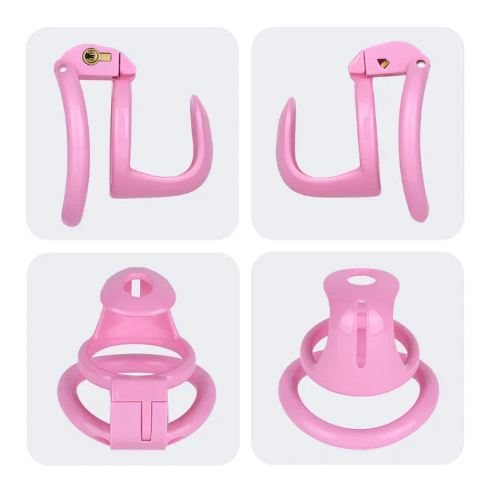 Pink semi-open chastity cage side and front views