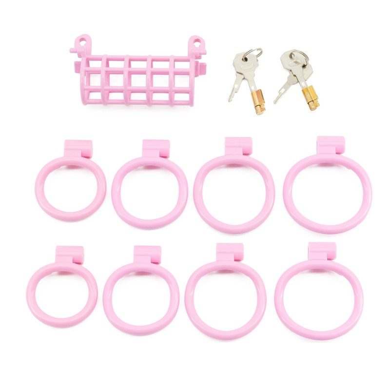 Pink shared chastity cage with ring sets and keys