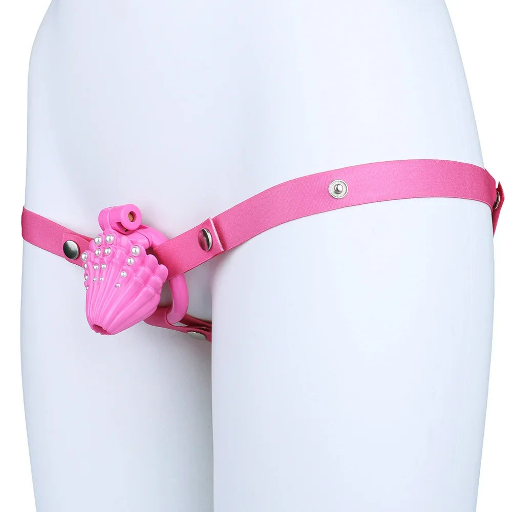 Pink pearl shell chastity cage shown with support belt