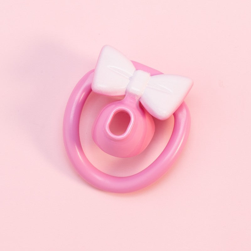 Pink and white flat chastity ring set with glossy bow