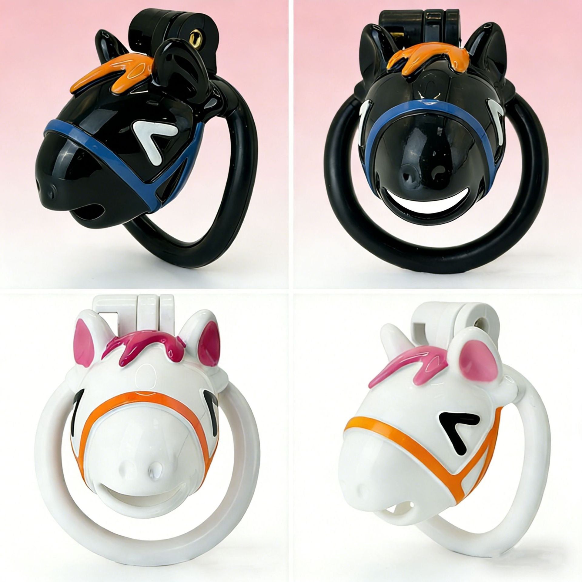 black and white pony head chastity cages