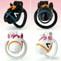 black and white pony head chastity cages