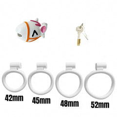 white pony cage with four base rings and keys