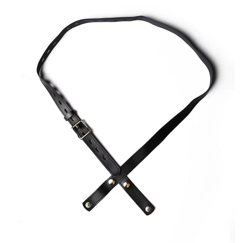 Black PU-01 faux-leather chastity belt laid flat, showing the buckle and crossed front straps