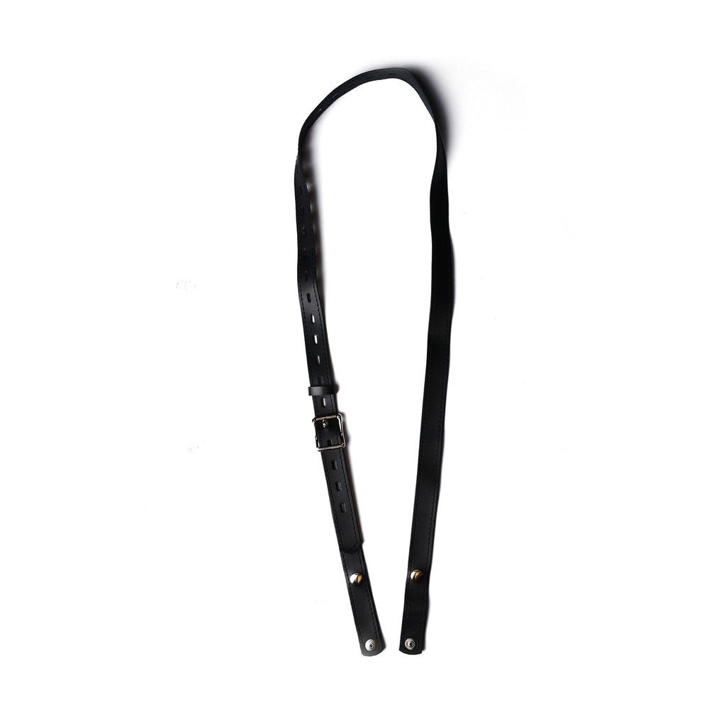 PU-01 black faux-leather belt extended to show the waist strap and two front straps