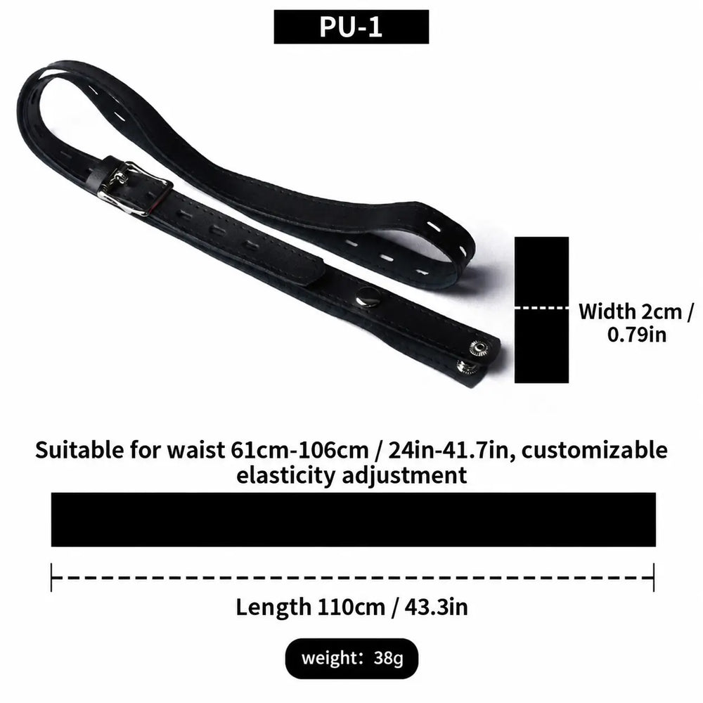 PU-01 black faux-leather belt with strap width, length and waist measurement diagram