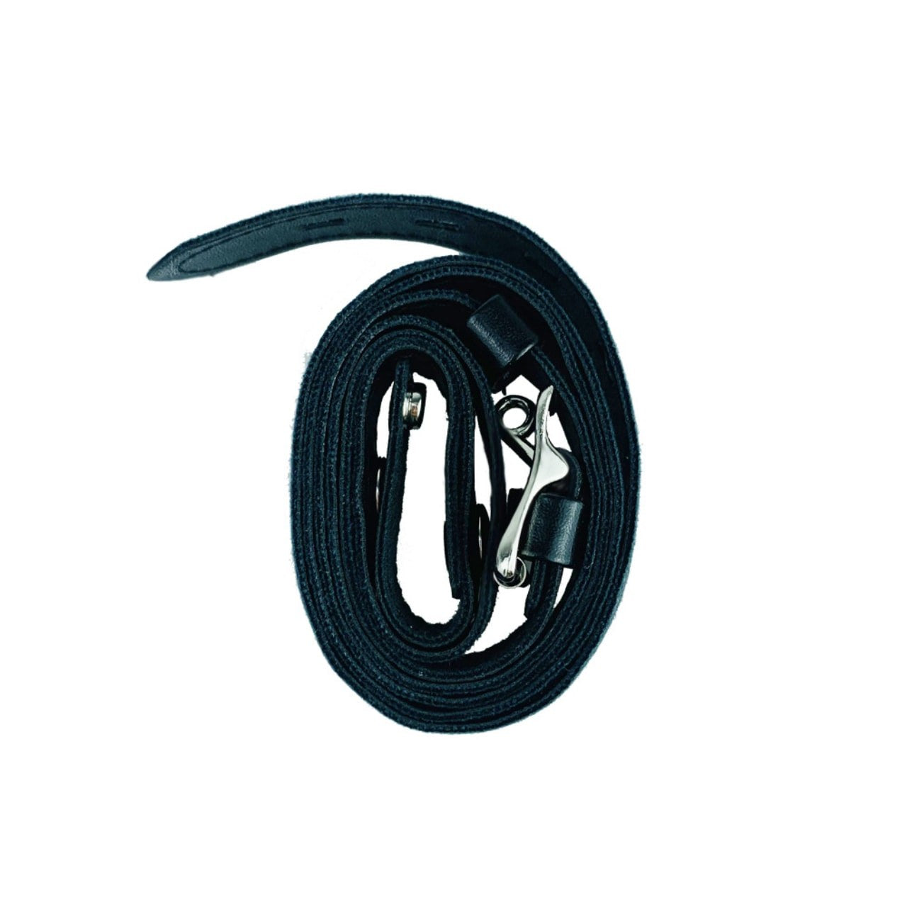 Black faux-leather belt rolled up with its metal buckle visible