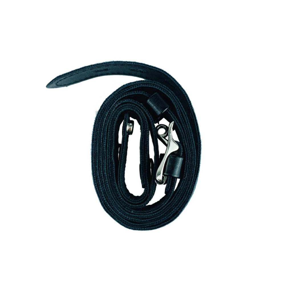 Black faux-leather belt rolled up with its metal buckle visible
