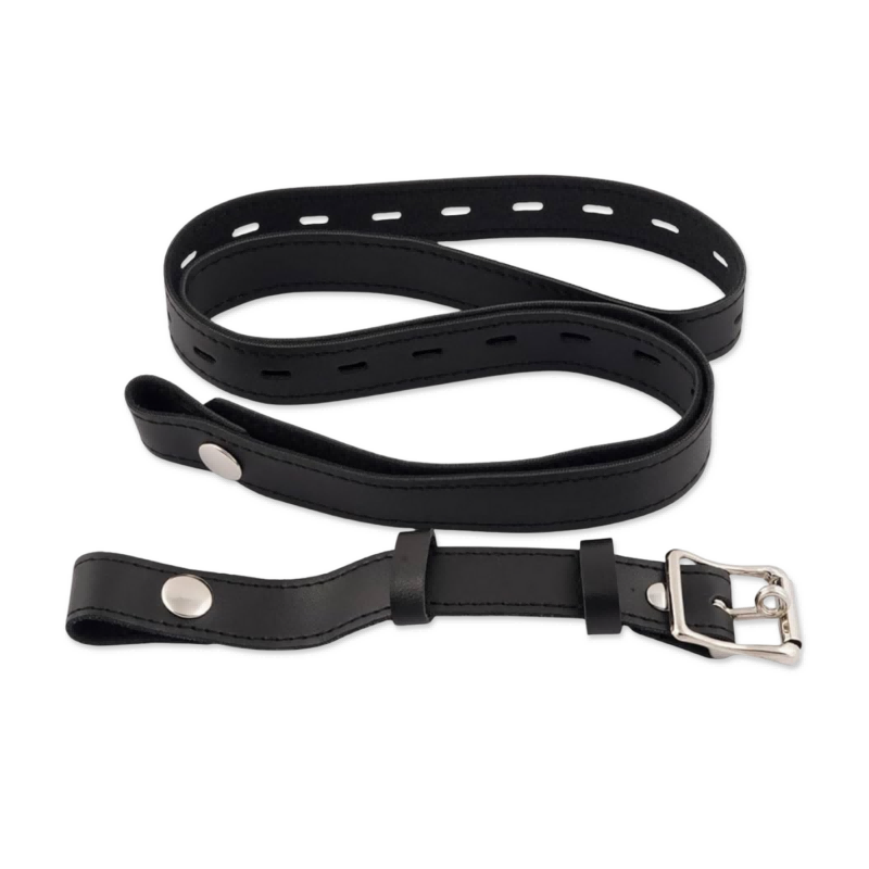 Black faux-leather belt straps with adjustment holes, buckle and snap fasteners