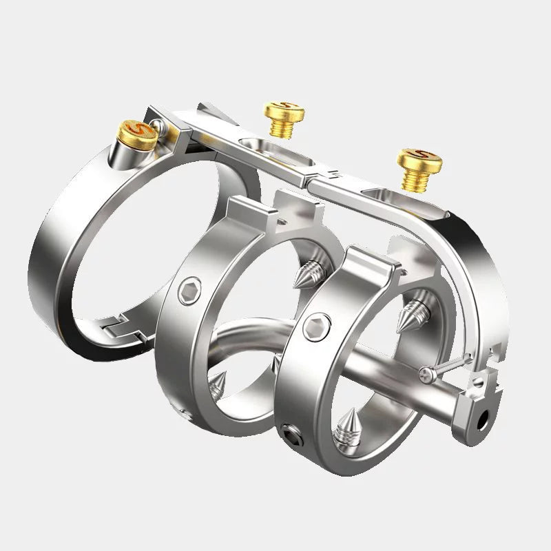 Rear view of articulated steel cage ring and adjustable screws