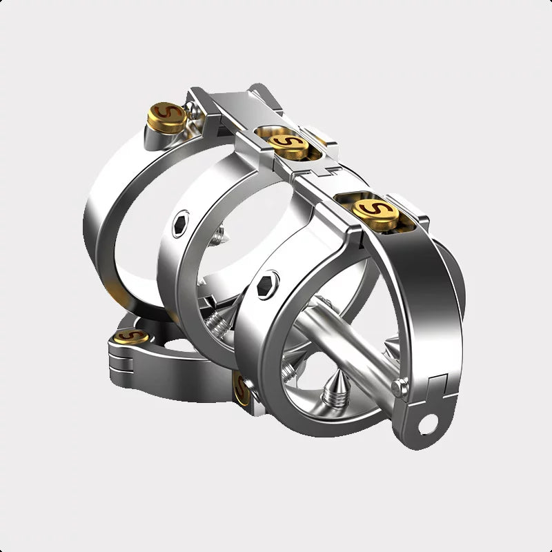 Angled view of polished articulated spiked steel cage
