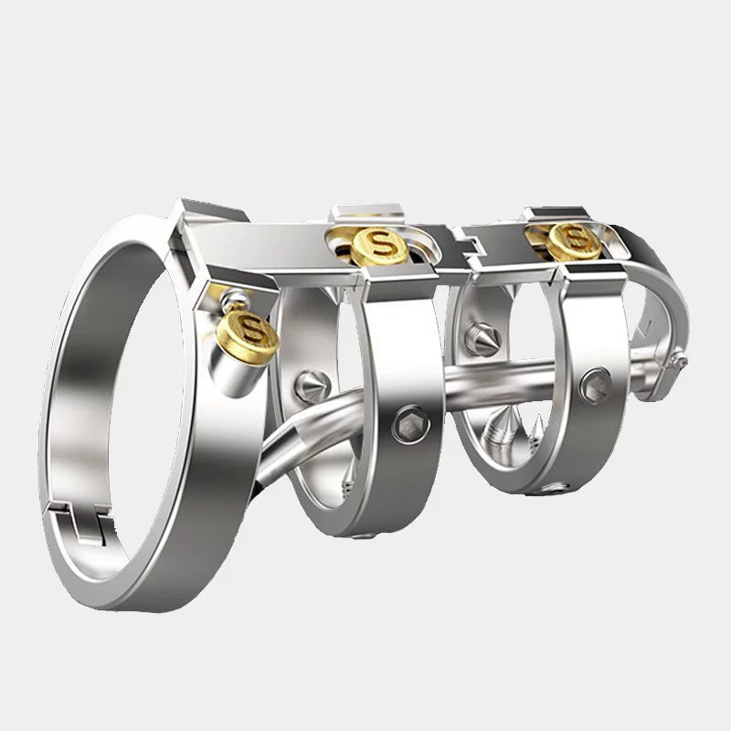 Side view of punk chastity cage pivot joints and locking hardware