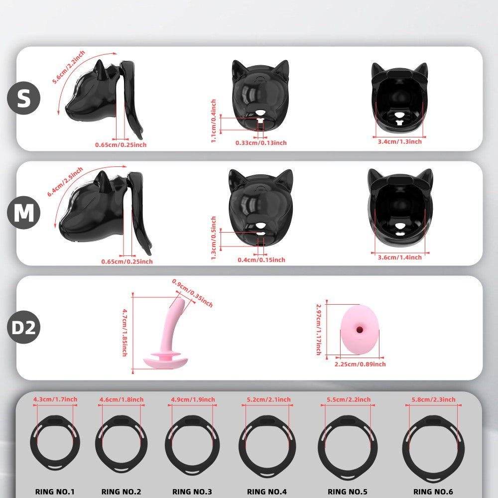 Puppy chastity cage package with six rings, locks and optional belt