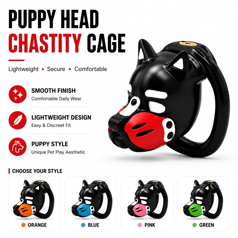 puppy-head chastity cage in six muzzle accent colors
