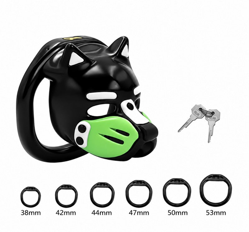Puppy-head chastity cage dimensions and 38 to 53 mm rings