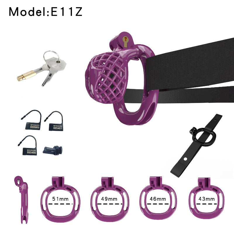 Purple E11 mesh resin chastity cage with ring set