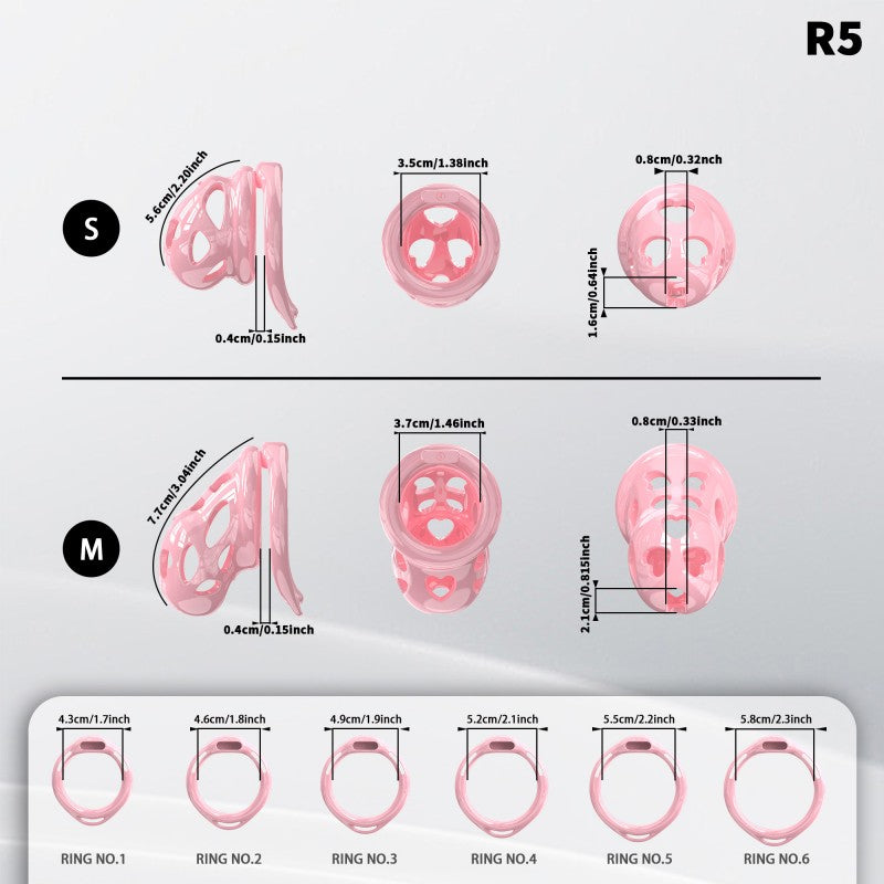 R5 heart-shaped silicone chastity cage S and M dimension chart