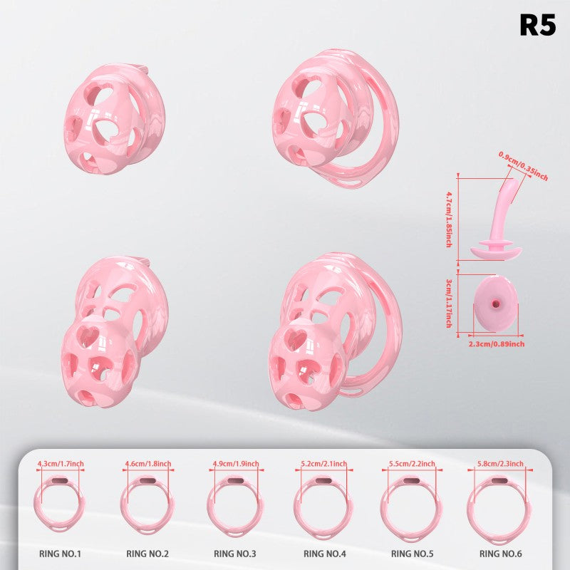 R5 heart-shaped silicone cage size comparison with six ring diameters