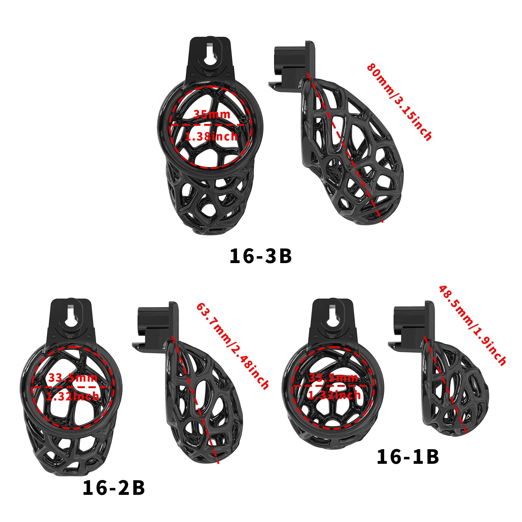 Three black random-mesh cage lengths with diameter measurements