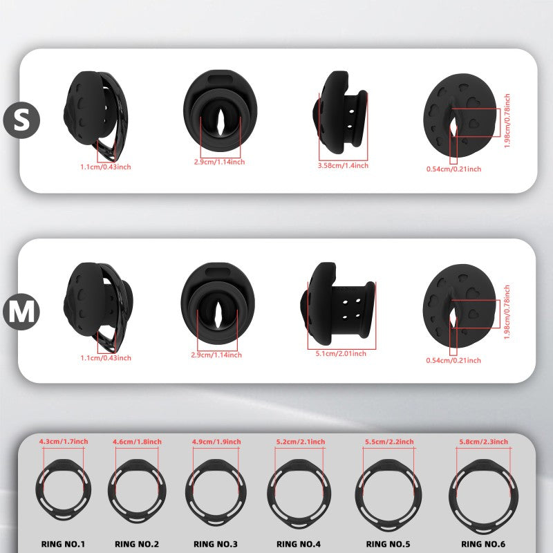 Recessed silicone chastity cage S and M dimensions with six ring sizes