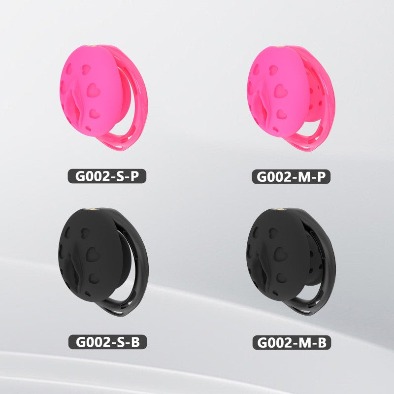 Recessed silicone chastity cage options in black and pink, S and M