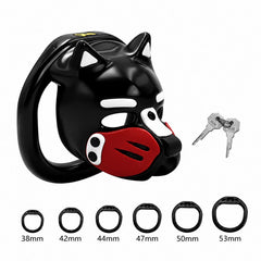 Red-accent puppy-head chastity cage with six base rings and keys