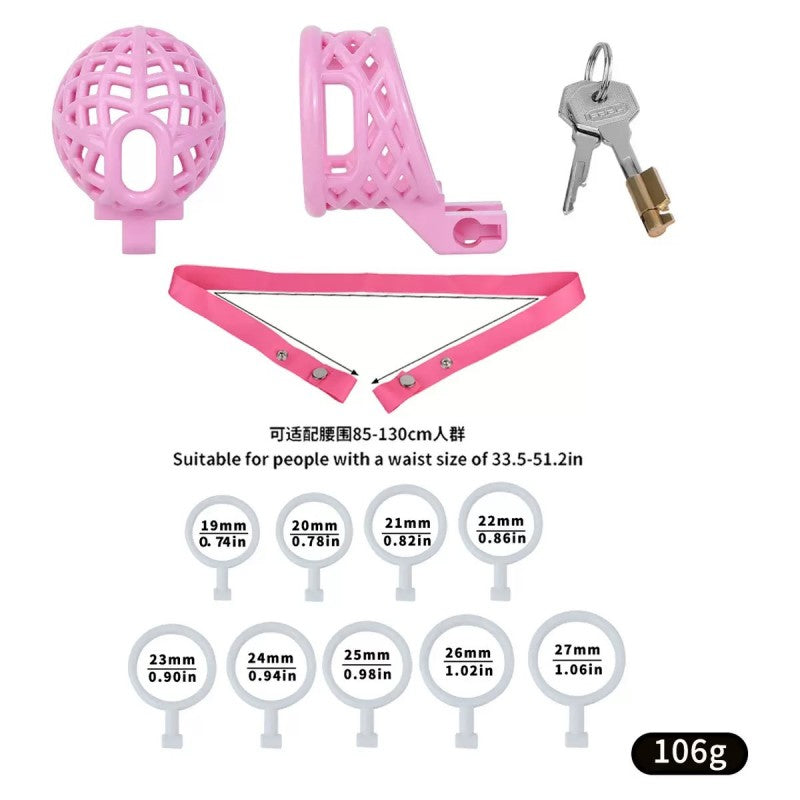 Pink ringless birdcage chastity cage shown with support belt