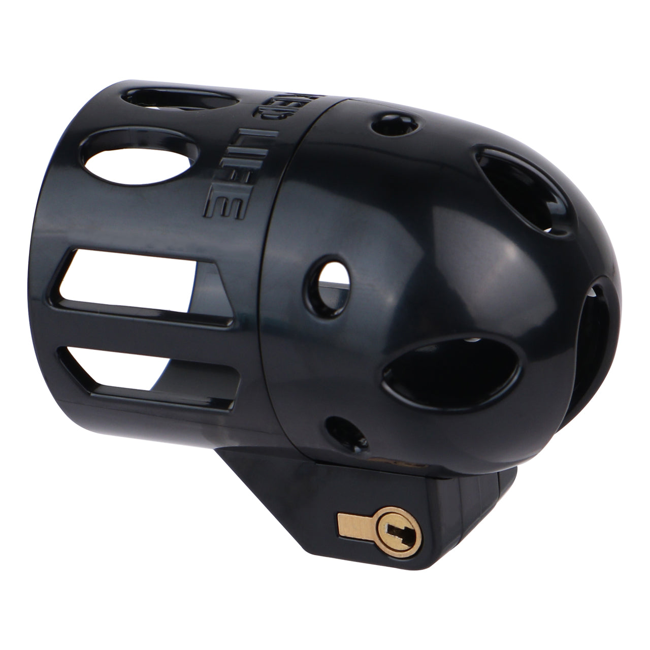 Black ringless bullet cage angled to show vented shell and lock opening
