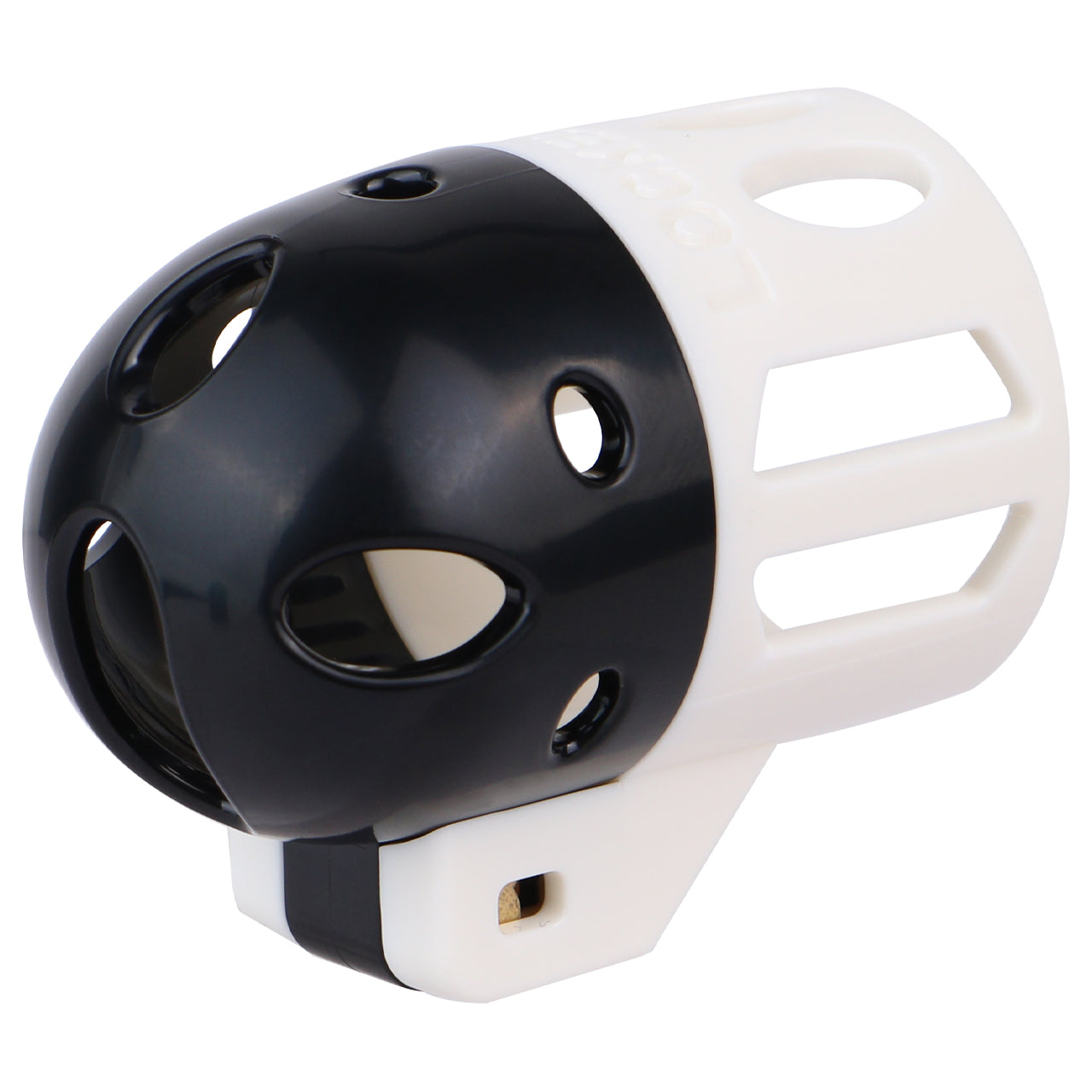 Black and white ringless bullet cage angled to show front dome and vents
