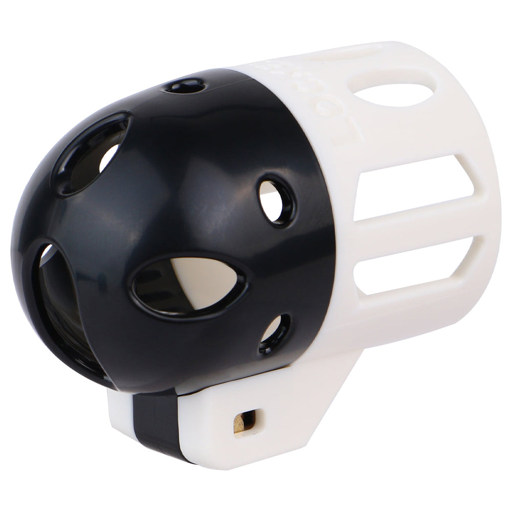 Black and white ringless bullet cage angled to show front dome and vents
