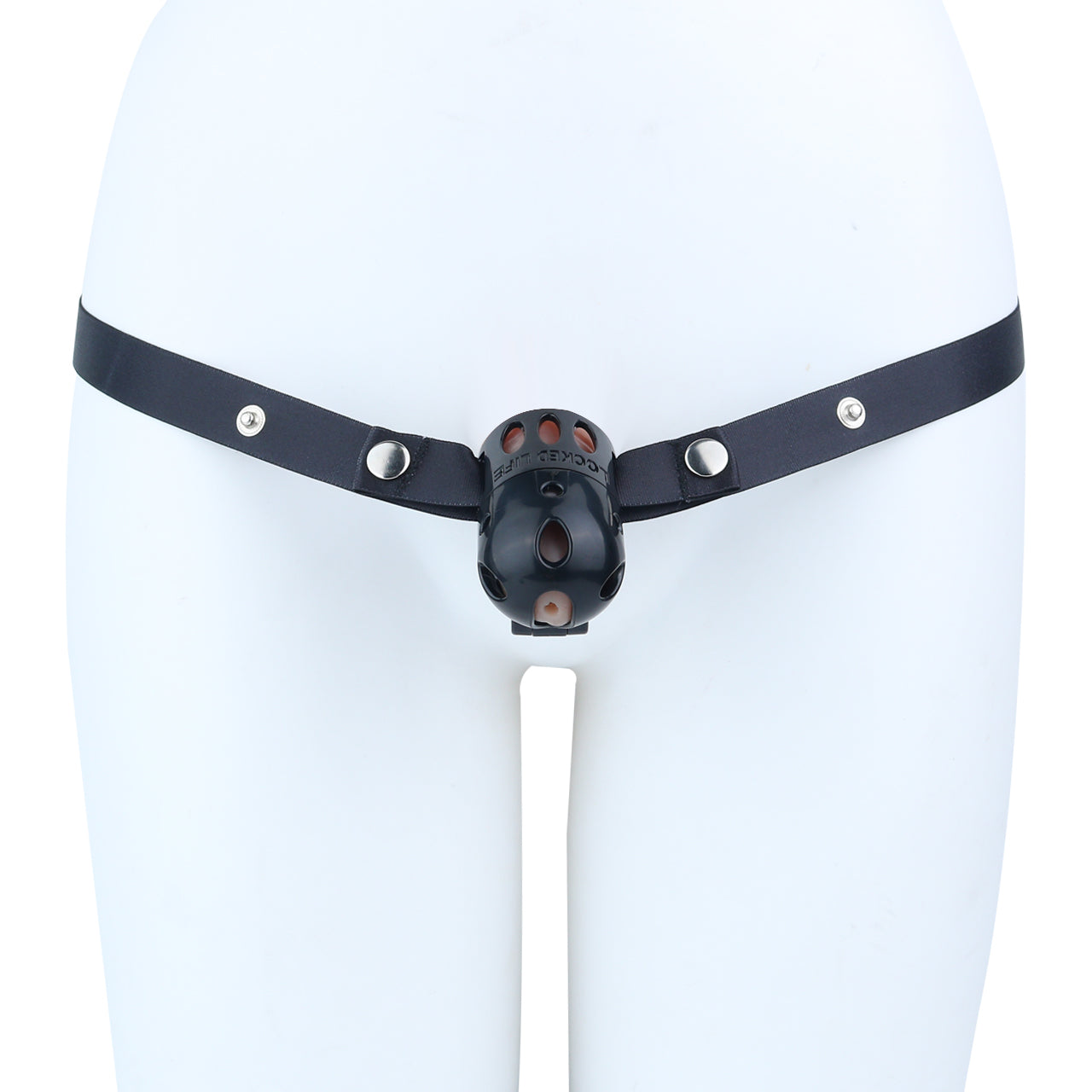 Black and white ringless bullet cage with belt displayed from the front on a mannequin

