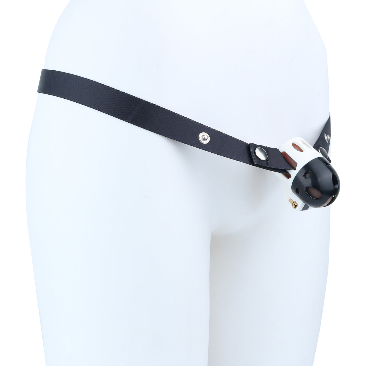 Black and white ringless bullet cage with waist belt on a mannequin, side view
