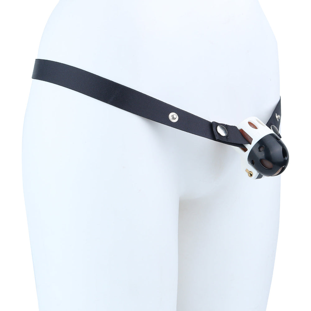 Black and white ringless bullet cage with waist belt on a mannequin, side view
