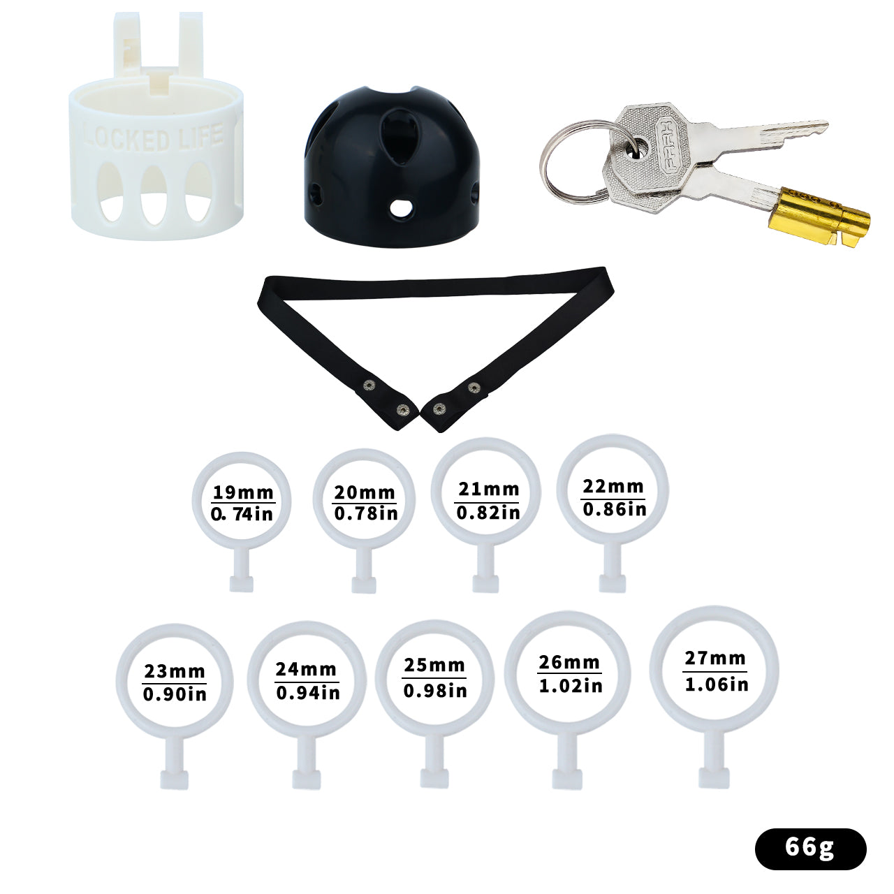 Black and white ringless bullet cage kit with waist belt, nine inner rings and keys
